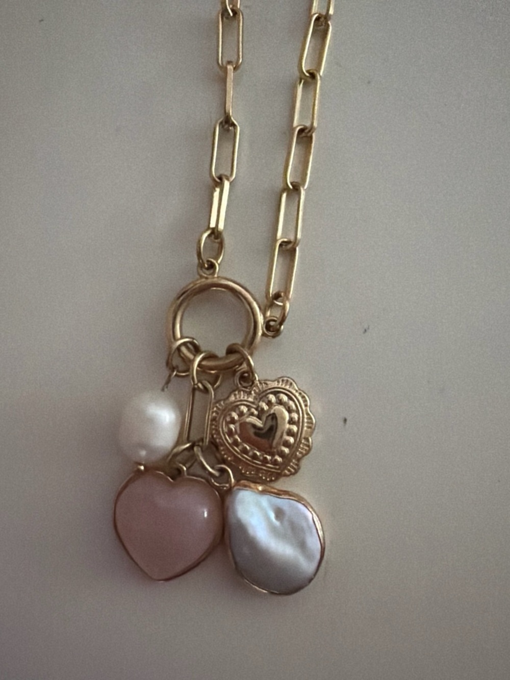 Gold Chain Necklace with Pink Heart, Pearl & Mother-of-Pearl Charms